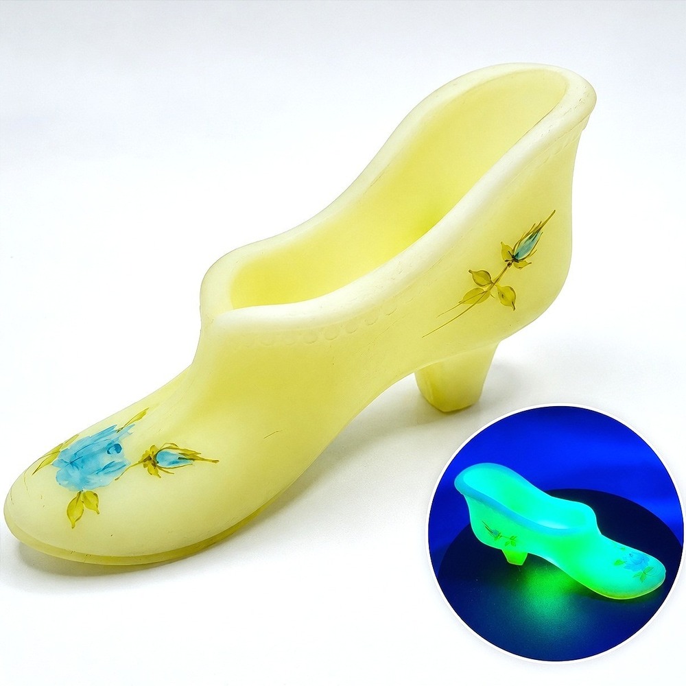 Fenton Custard Uranium Glass Slipper Shoe Hand Painted Blue Rose S Hart UV Glow